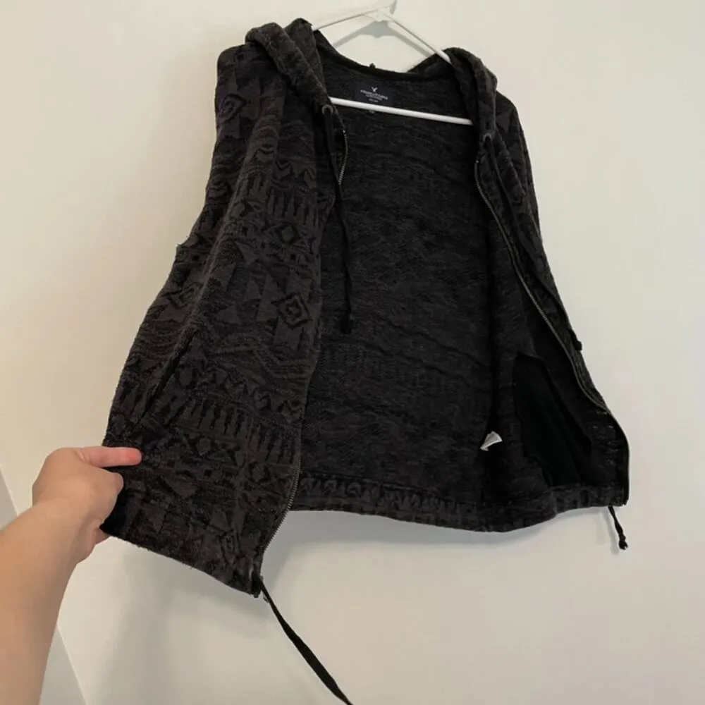 AMERICAN EAGLE Dark Gray Black Aztec Tribal Boho Full Zip Knit Hoodie Sweatshirt - Image 6
