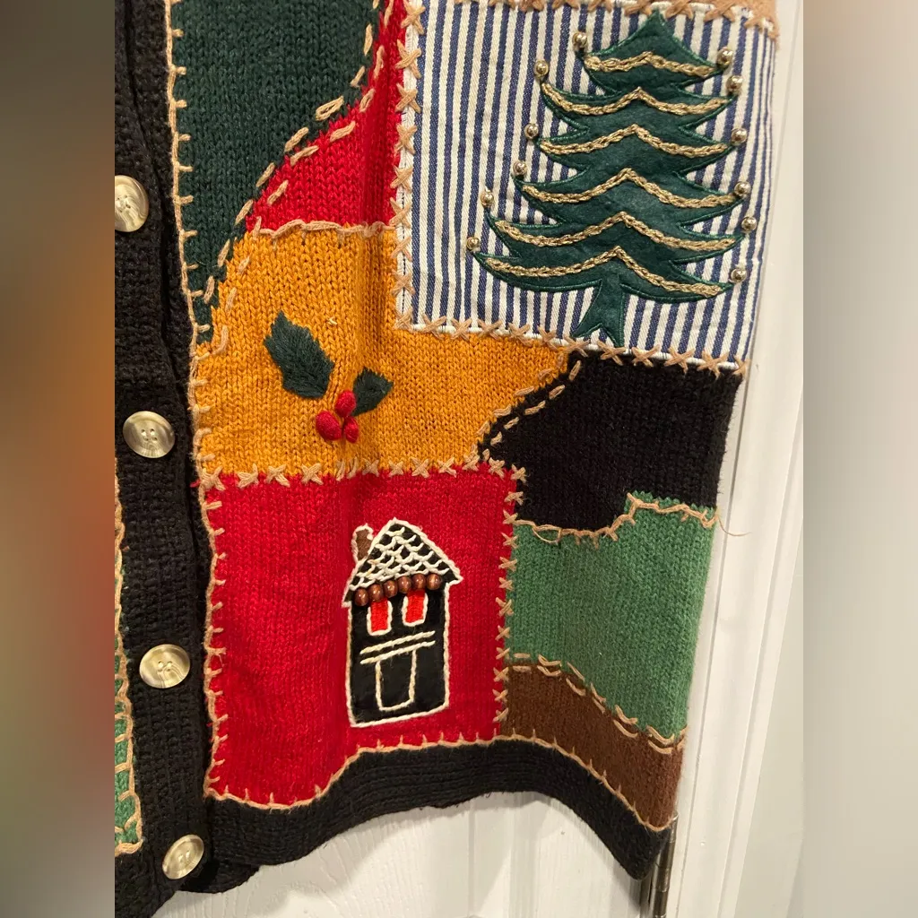 VTG 80s Cambridge Country Store Size L Christmas Sweater Vest Cotton Patchwork Black Size L - Image 4