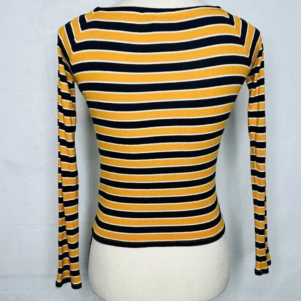 Forever 21 Long-Sleeve Ribbed Shirt Womens Size S Gold Navy Striped Rayon Blend - Image 6