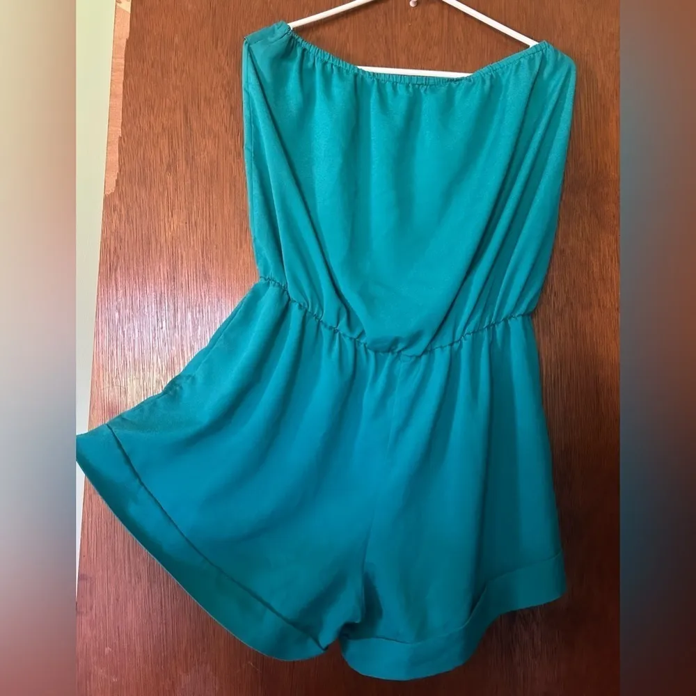 Garcia blue peacock feather bow strapless romper size L - Image 8