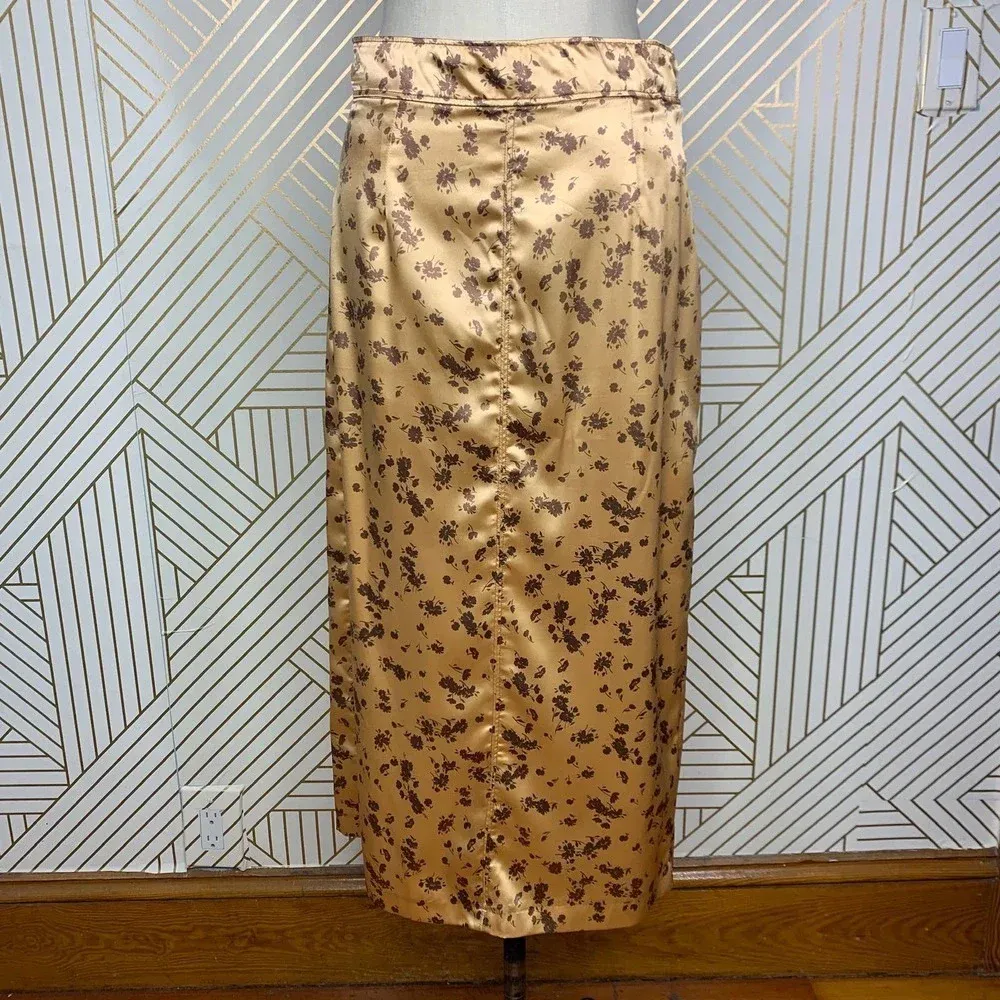 Zara Floral Print‎ Slip Midi Skirt In Tan Gold Brown Satin Size US Medium - Image 3