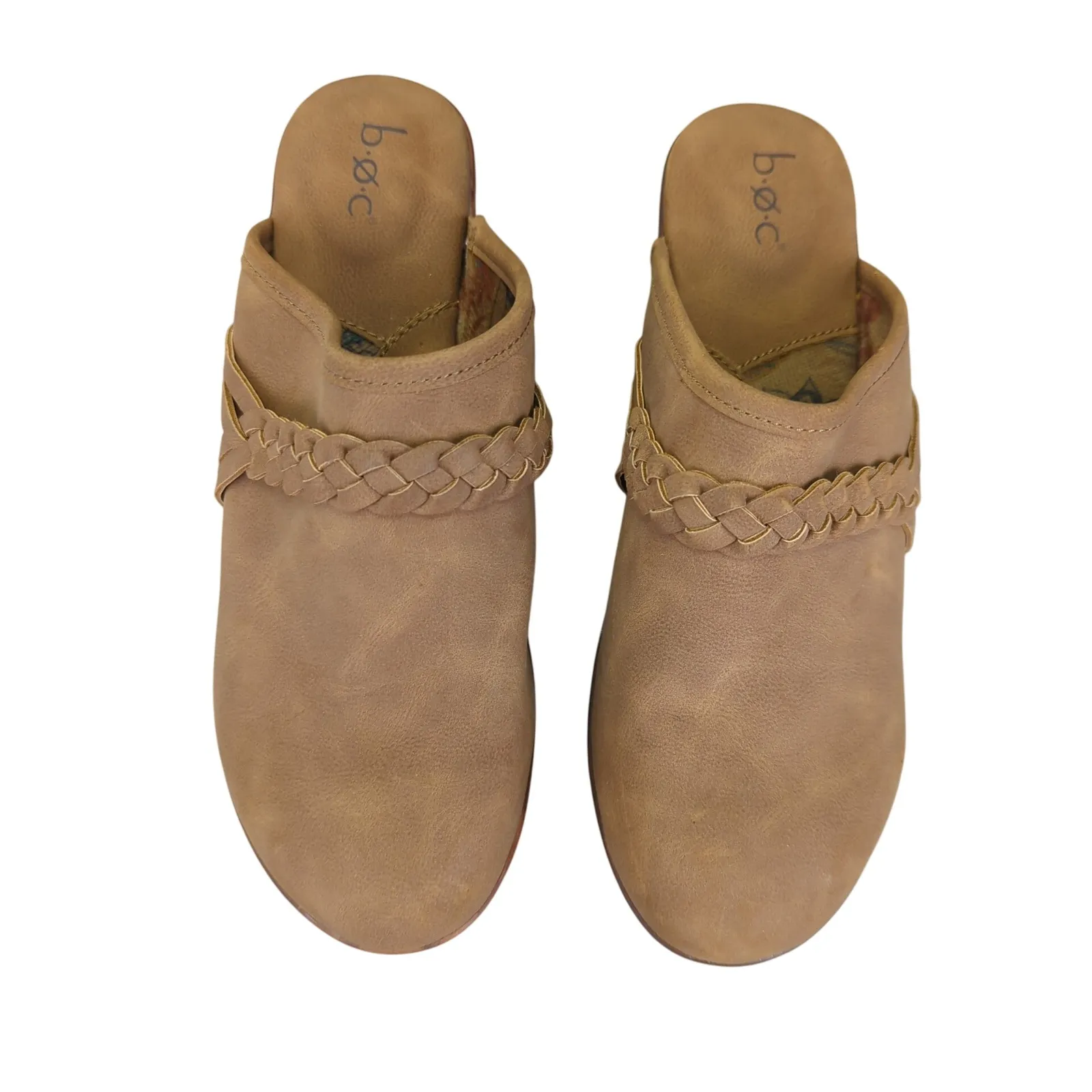 b.o.c Journi Braided Trim Strap‎ Mule Clogs Tan Brown Wooden Heel 8M Womens Born Size 8 - Image 4