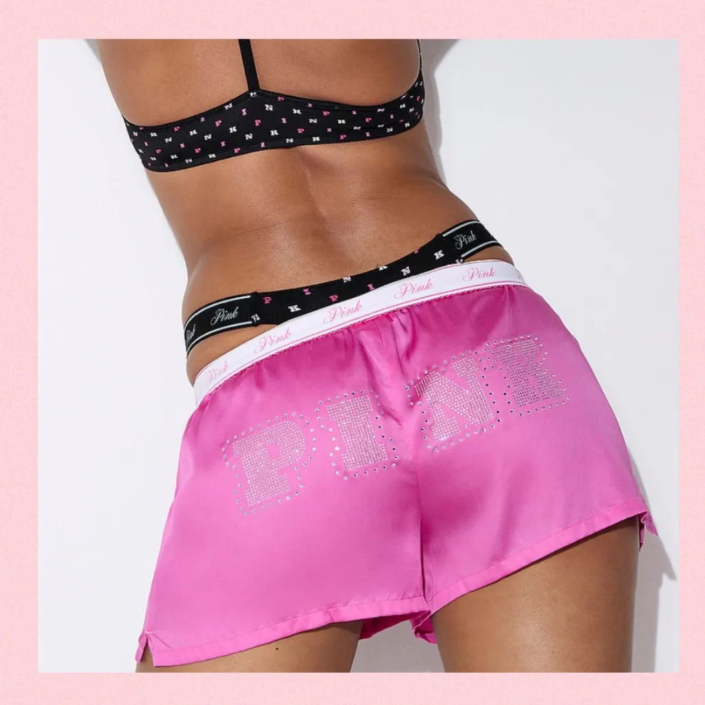 PINK VICTORIA’S SECRET Silky Pink Pajama Shorts Bling “PINK Backside Logo SMALL - Image 6