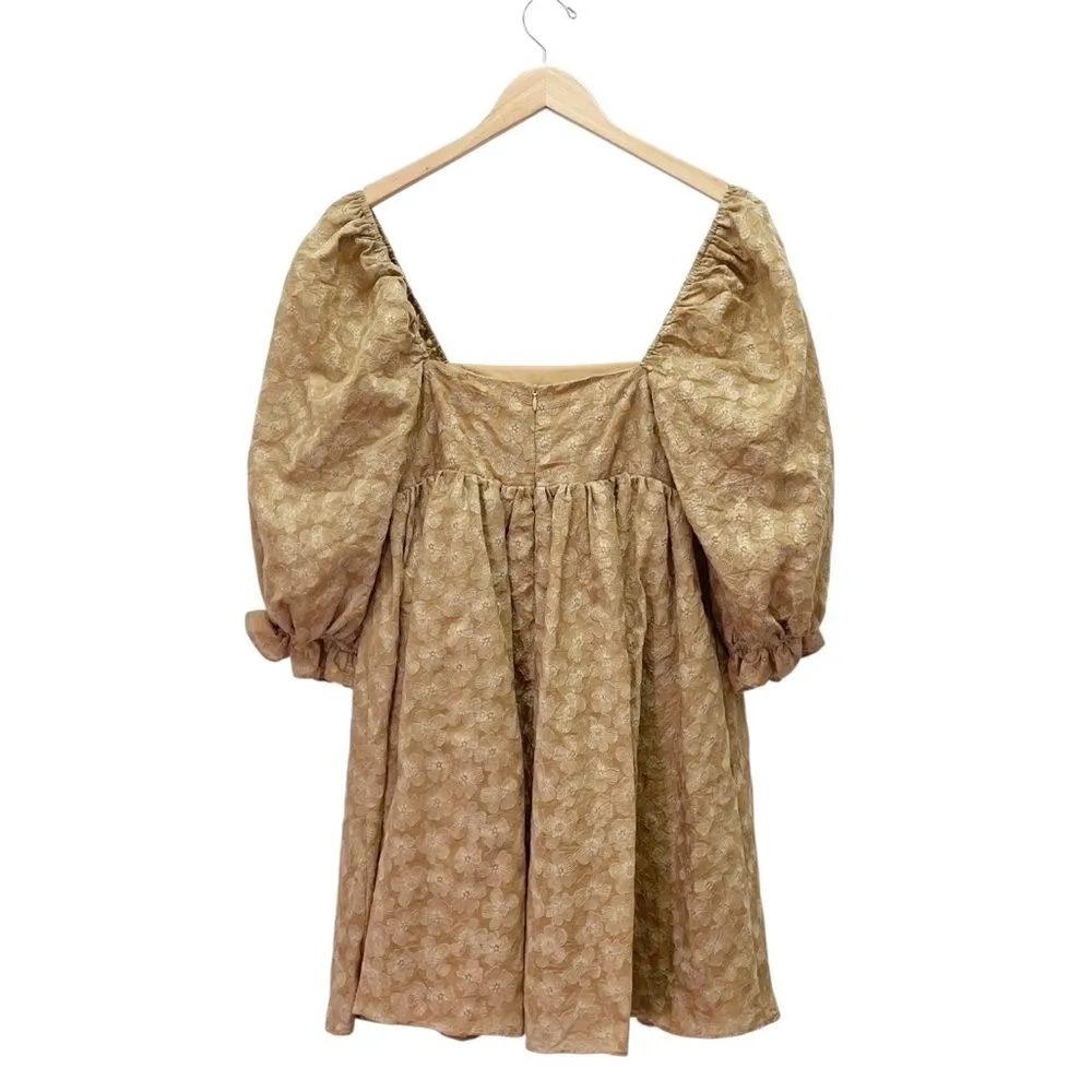 Storia Puff Sleeve Mini Babydoll Dress Tan Floral Textured Square Neck Sz Small - Image 3