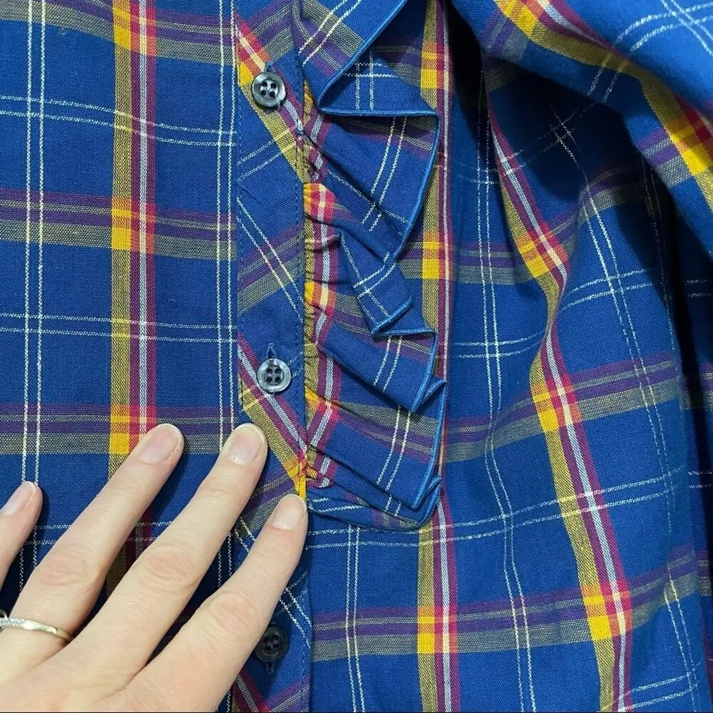 Vintage Blue & Orange Plaid Ruffled Asymmetrical Button Up Blouse Womens S 70s - Image 5