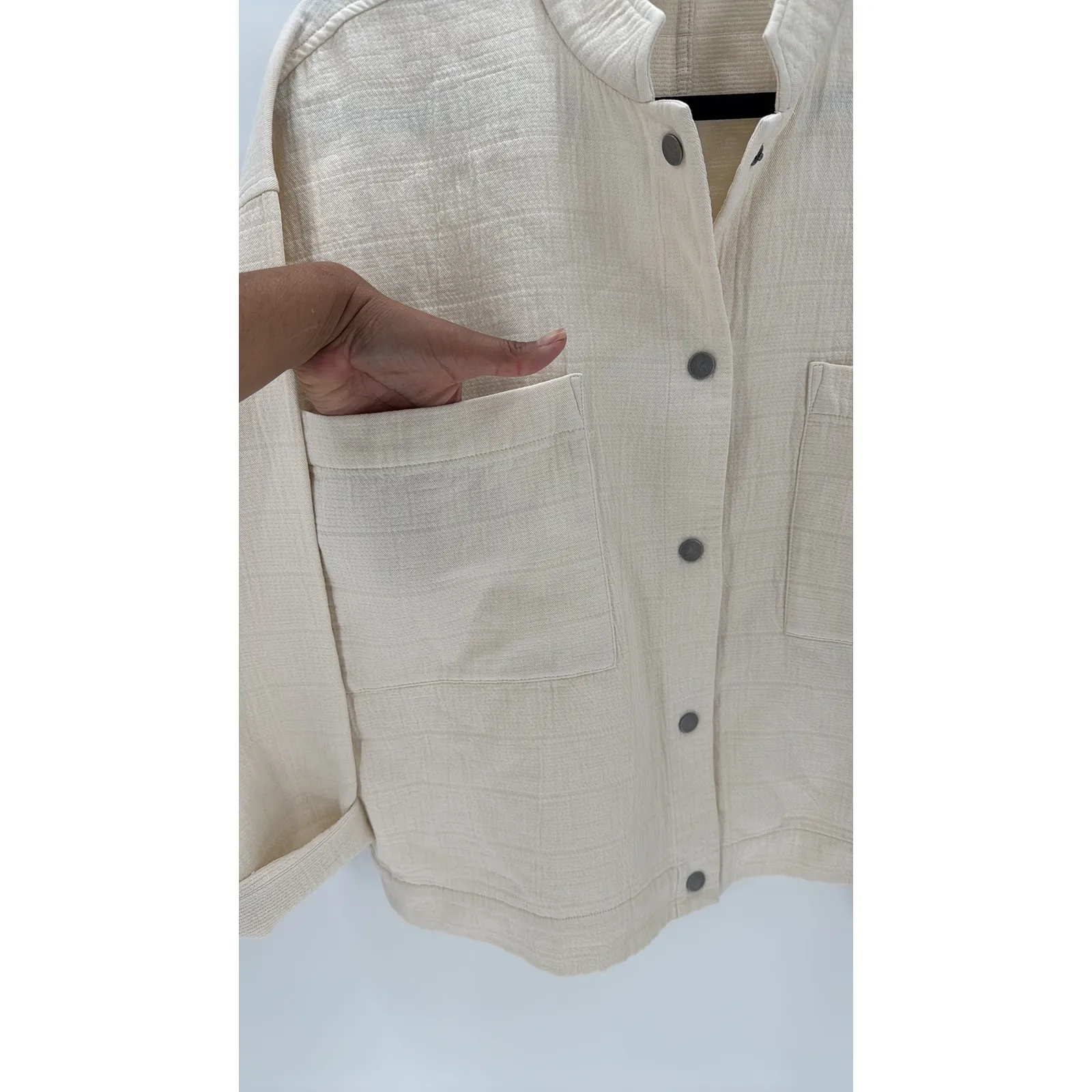 Eileen Fisher Ivory Organic Cotton mandarin collar oversized Jacket size  S/M - Image 9