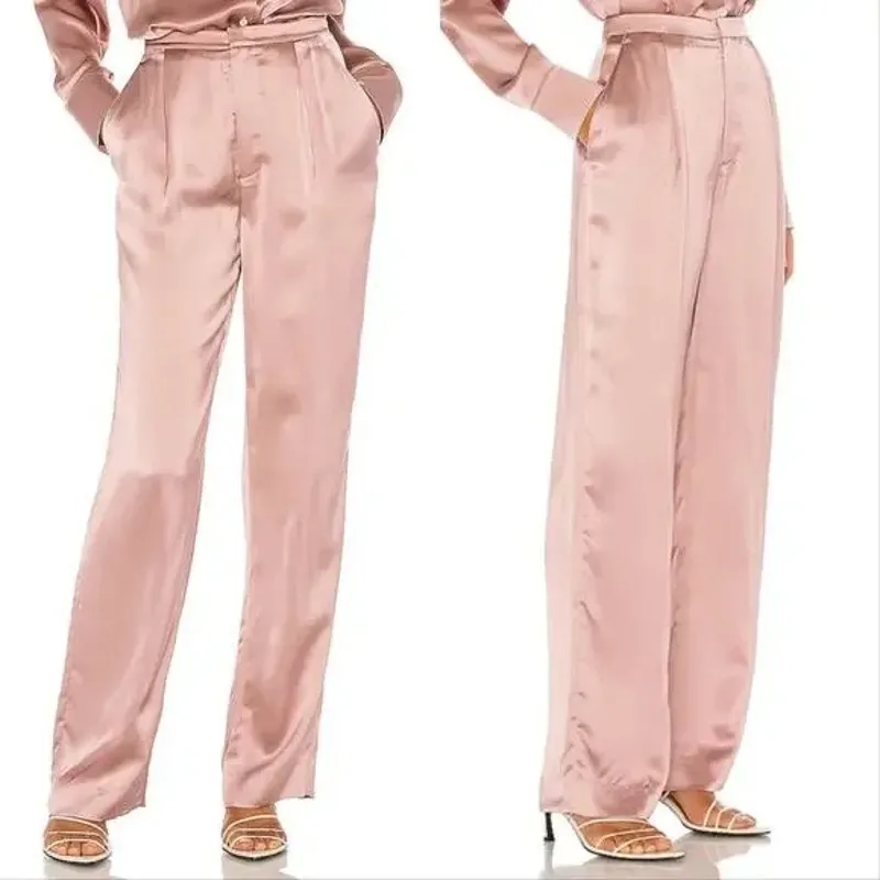 VINCE Liquid Shine Straight Leg Trousers Size 10 Pink Satin Wide Leg Career Wear - Image 14