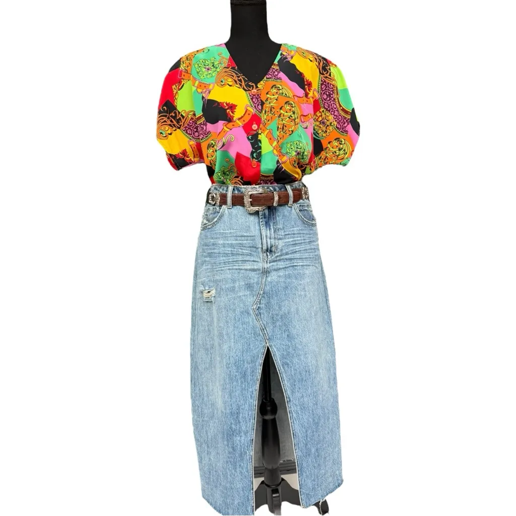 Vintage 80s Funky Colorful Abstract Blouse, Bold Print, Size Medium Shoulder Pad Orange - Image 9