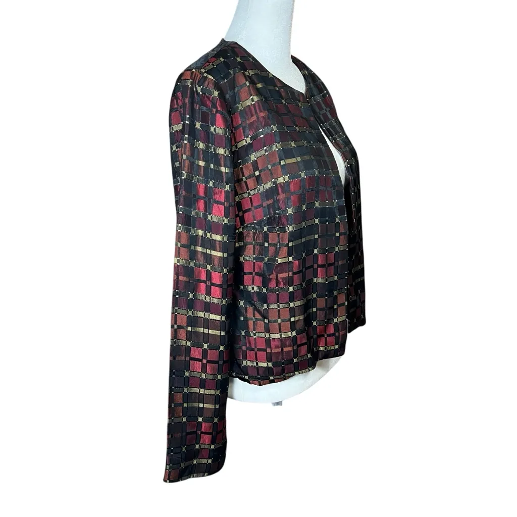 VTG Maggie L Metallic Woven Evening Jacket Open Front Red Black Gold Sz 6 Y2K - Image 5