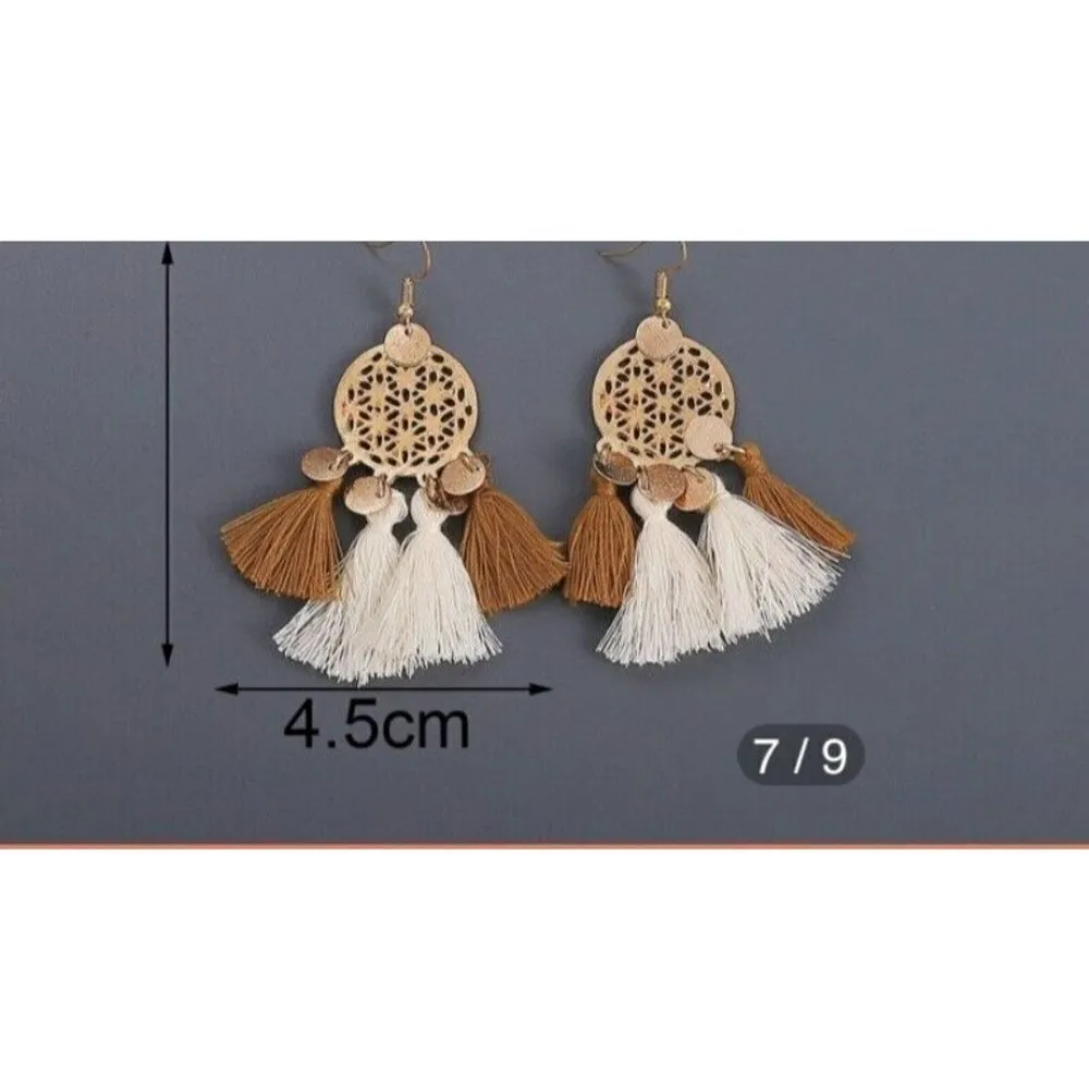 Tassel Boho dangle Earrings Bohemian m Hollow tan beige gold womens jewelry NEW - Image 7