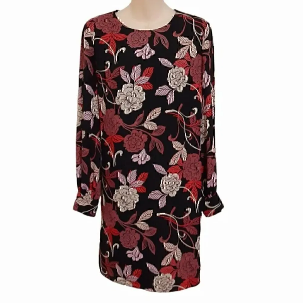 BANANA REPUBLIC Factory Black Mauve Rose Pink Tan Floral Long Sleeve Shift  Dress Size 8 - $28 - From MadiKay