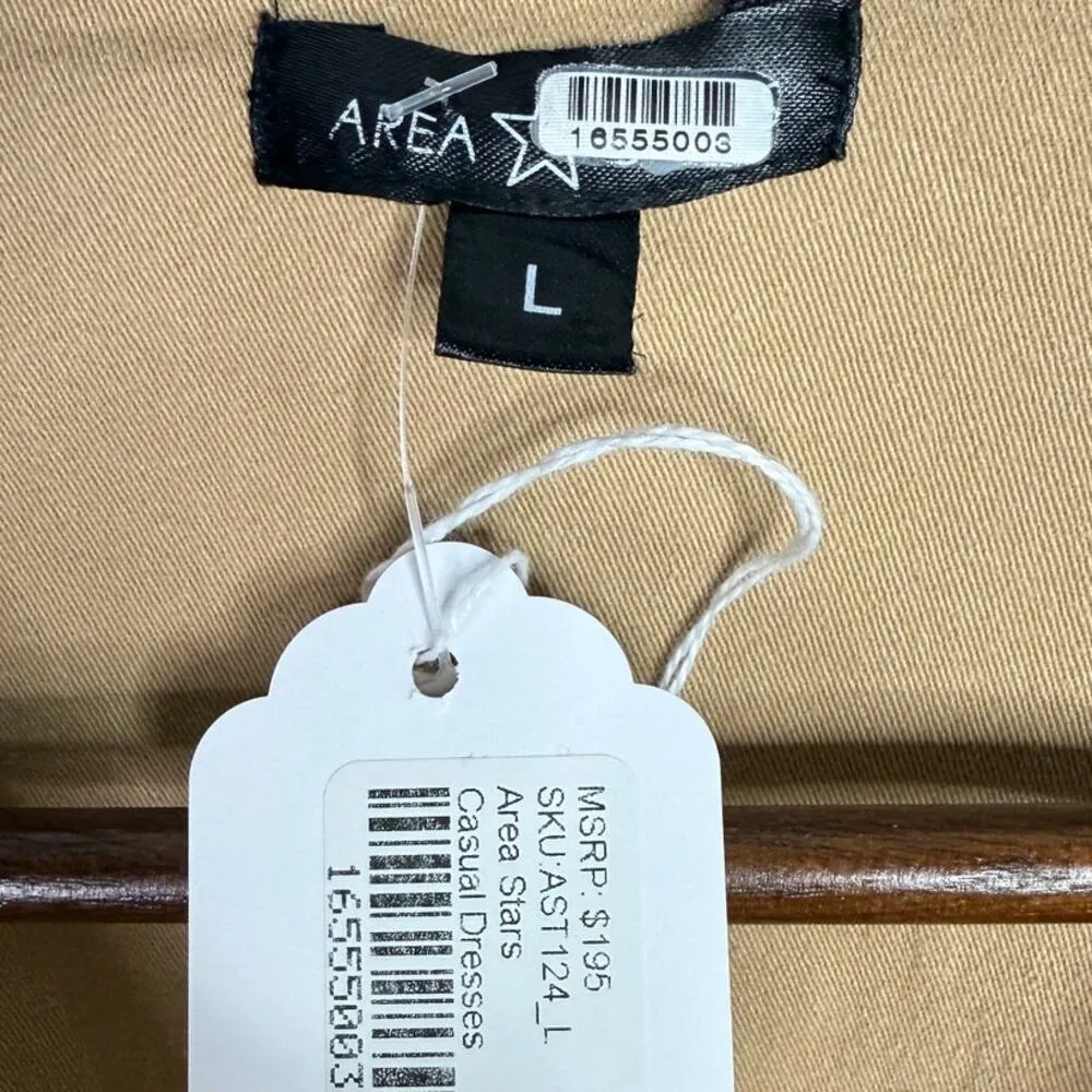 Area Stars Belted Waist Cotton Midi Shirt Dress 3/4 Sleeves Button Down L Tan Size L - Image 9