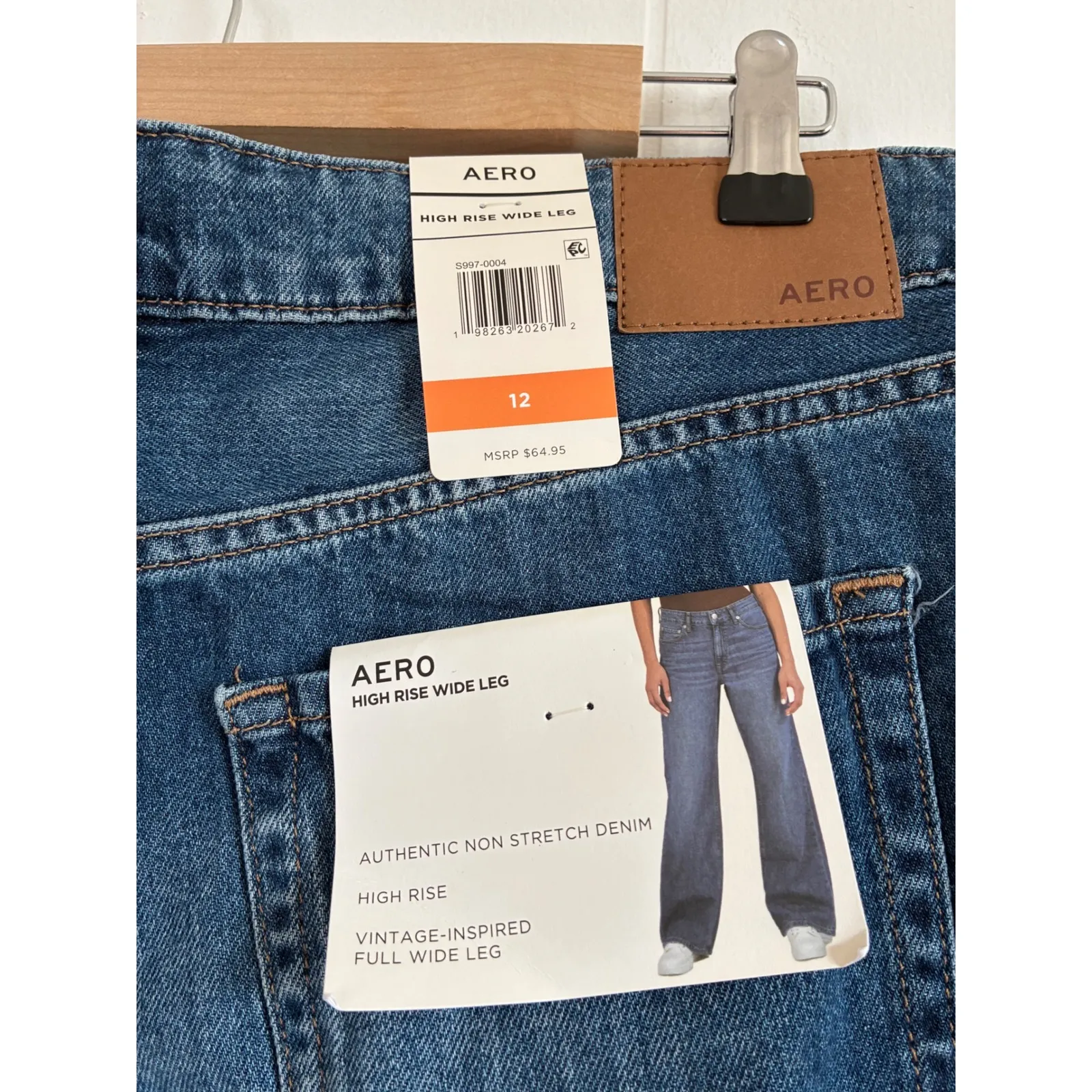 NWT AERO Women High Rise Wide Leg Authentic Non Stretch Denim Jeans Size 12 Blue - Image 3