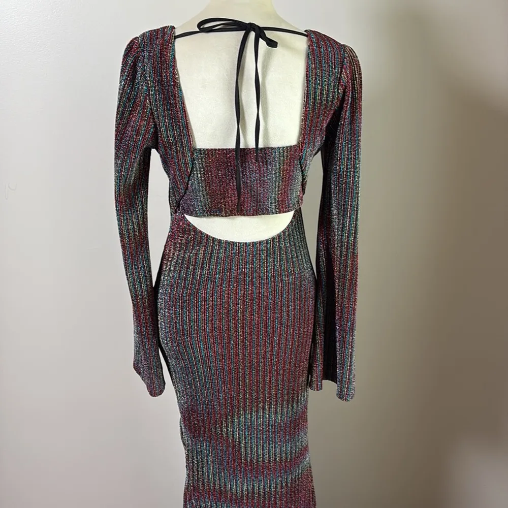 Dee Elly Metallic Stripe Cutout Back Long Bell Sleeve Maxi Dress Multicolor M - Image 8