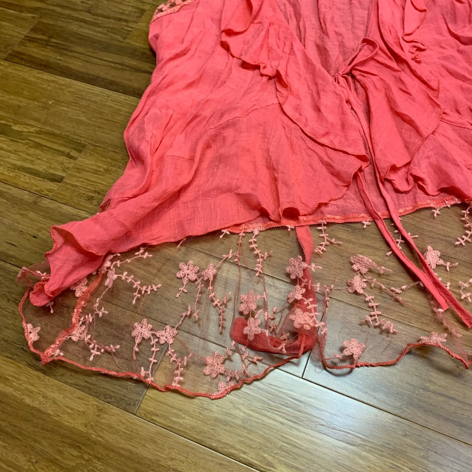 Forgotten Grace Coral Pink Lace Floral Trim Ruffle Vest Plus Size 3X Boho Sheer - Image 4