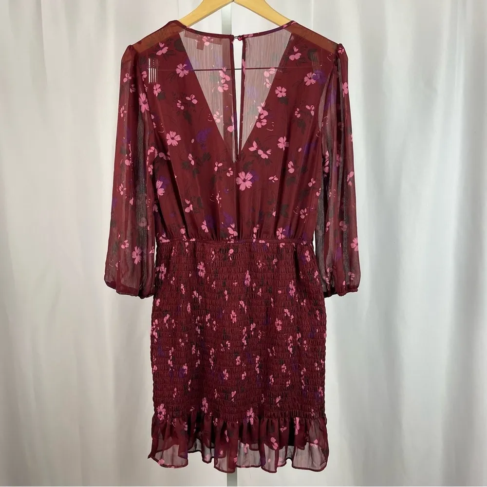 Rowa Large Sheer Sleeve Back Floral Smocked Skirt Faux Wrap V Neck Mini Dress Red - Image 2