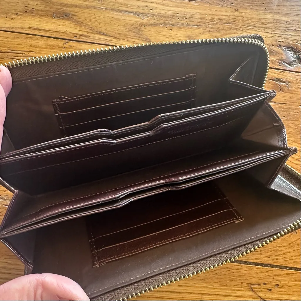 Valentina Embossed Leather Zip Around Wallet with a Leaf Motif Pattern in Brown - Image 9