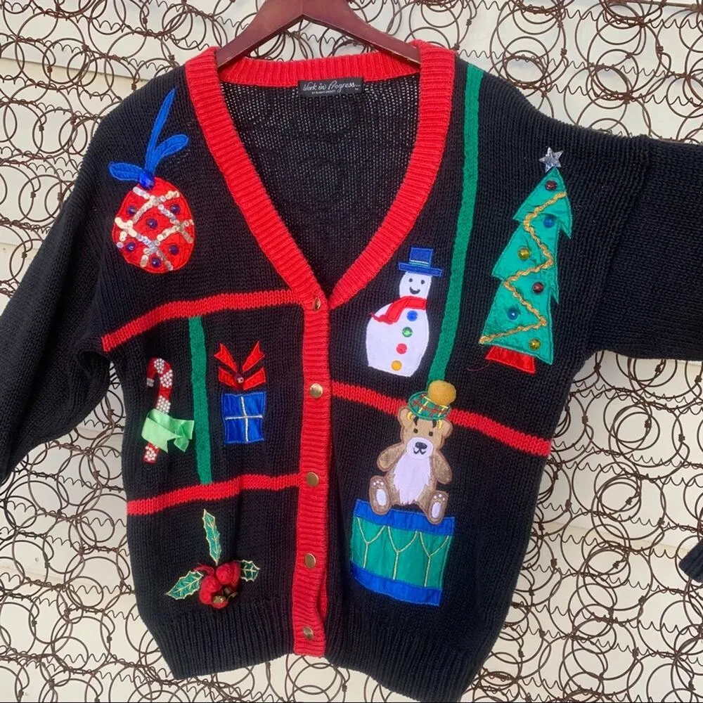 Vintage knit ugly Christmas cardigan sweater sampler applique bell present tree Red Size L - Image 2
