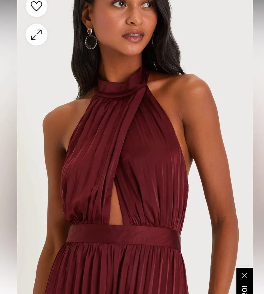 Lulu’s Confident Impression Burgundy Satin Pleated Halter Jumpsuit Size M - Image 3