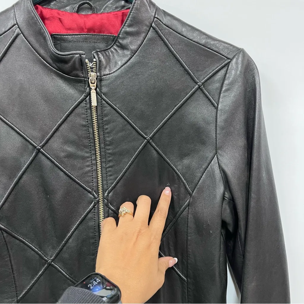 Vintage Mossimo Black Quilted Leather S Jacket Diamond pattern zip up red lining - Image 15