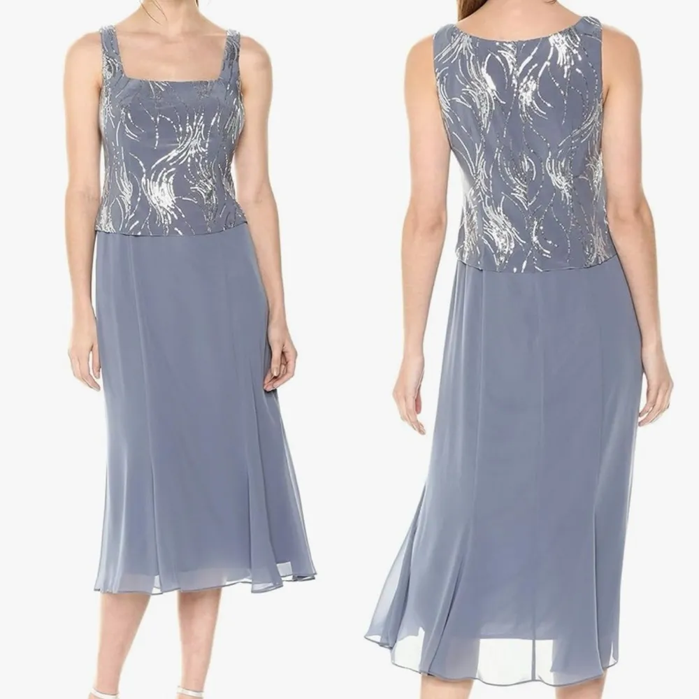 Alex Evenings Tea Length Jacket Dress Wedding Formal Events Steel Blue SZ 18 NEW - Image 4