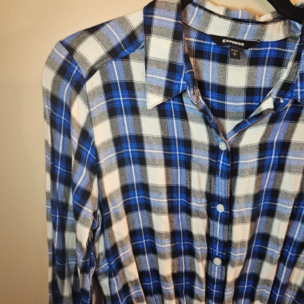 Express Black White and Blue Plaid Button Down Dress - Image 3