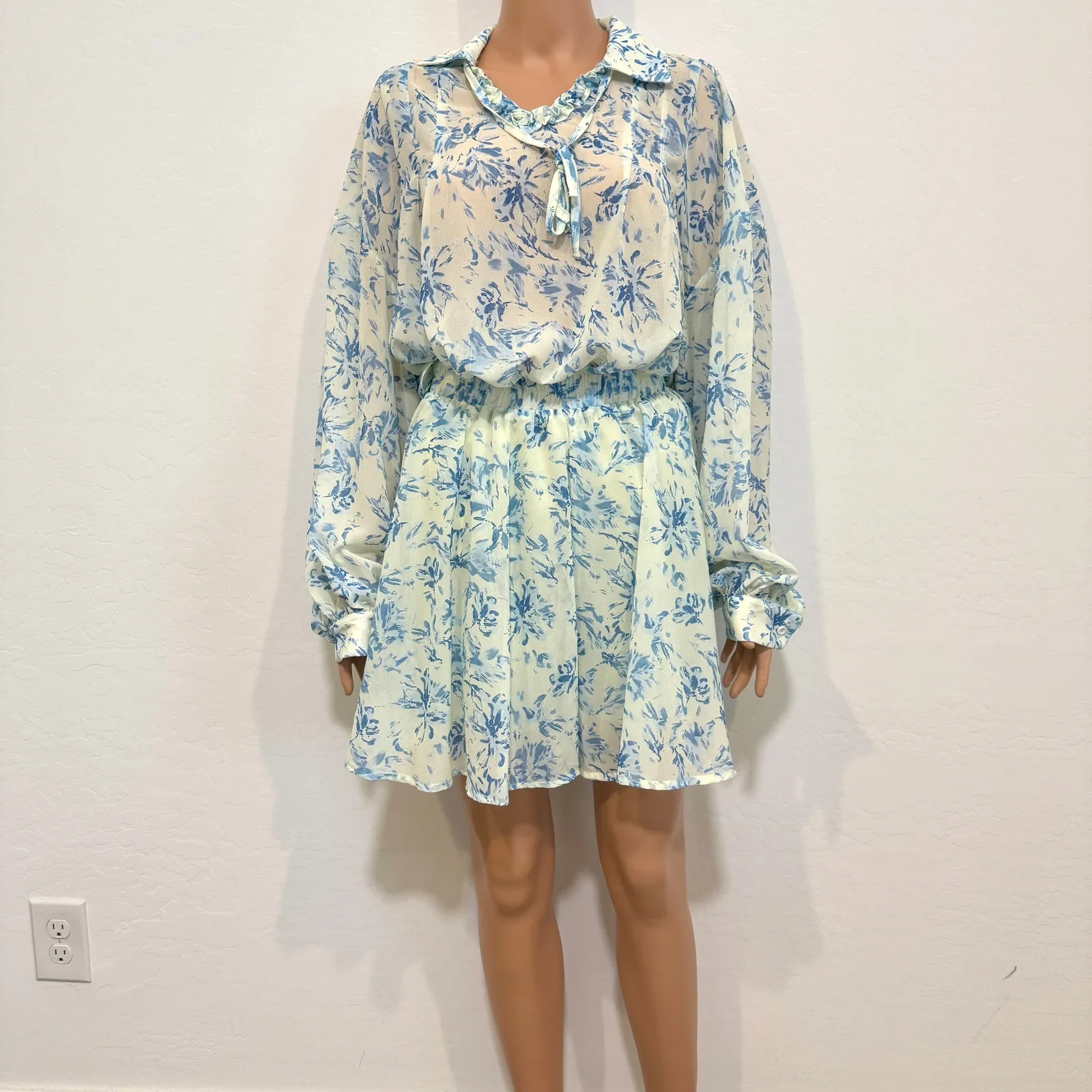 Dazy XL floral skirt and ruffle tie front blouse set outfit SK 3115 Blue - Image 11