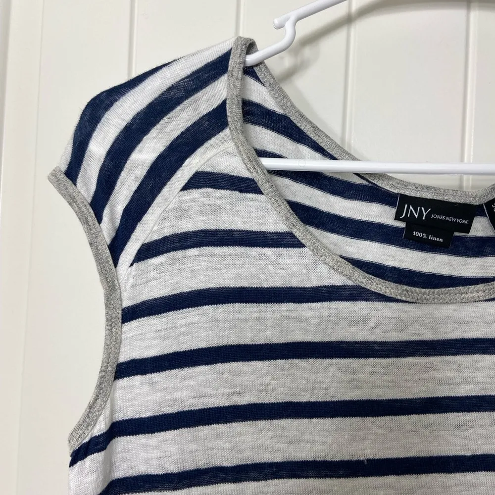 JNY Jones New York women’s white navy striped 100% linen cap sleeve blouse top S - Image 3