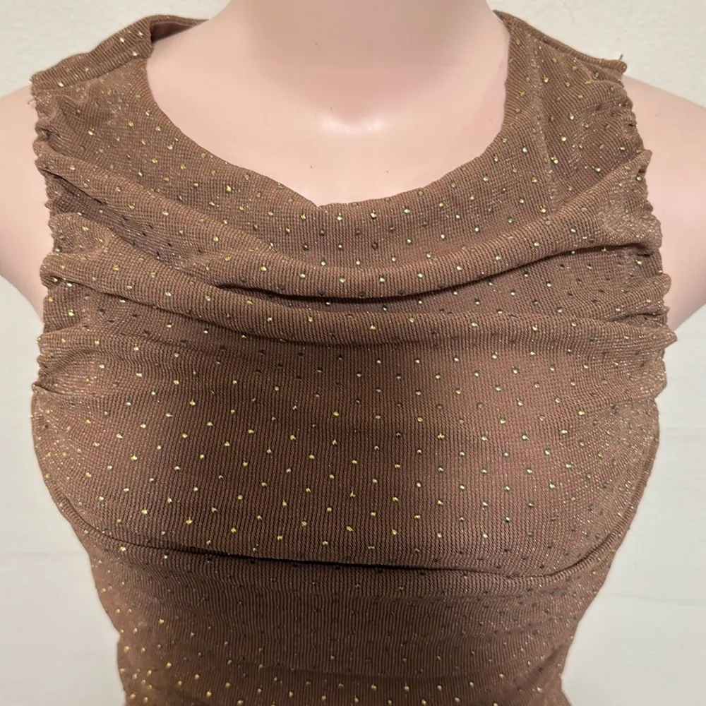 Cider NWT gold studded camel Ruched Mesh Slit side Midi Dress woman size SMALL Tan - Image 2