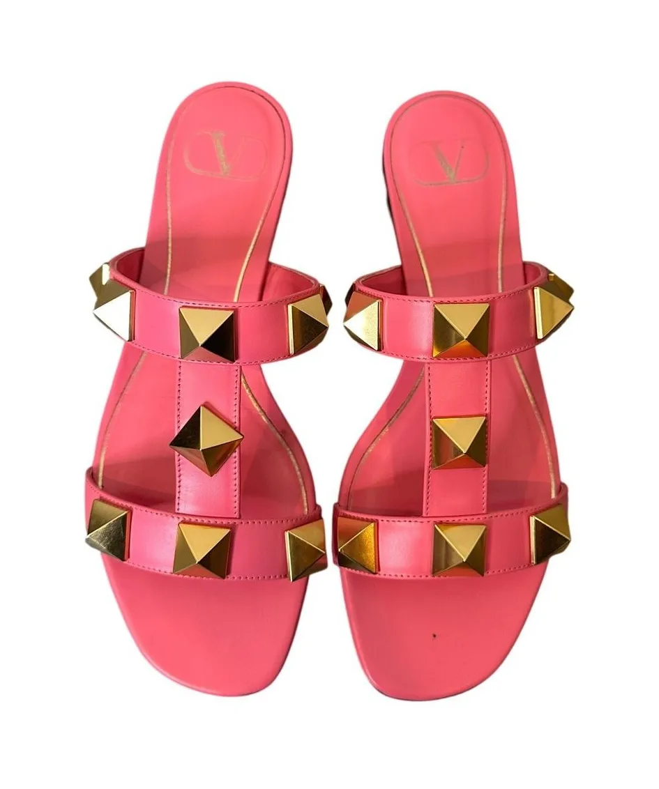 Valentino Garavani Rockstud Slide Sandals Pink/gold Womens Size 37 - Image 1