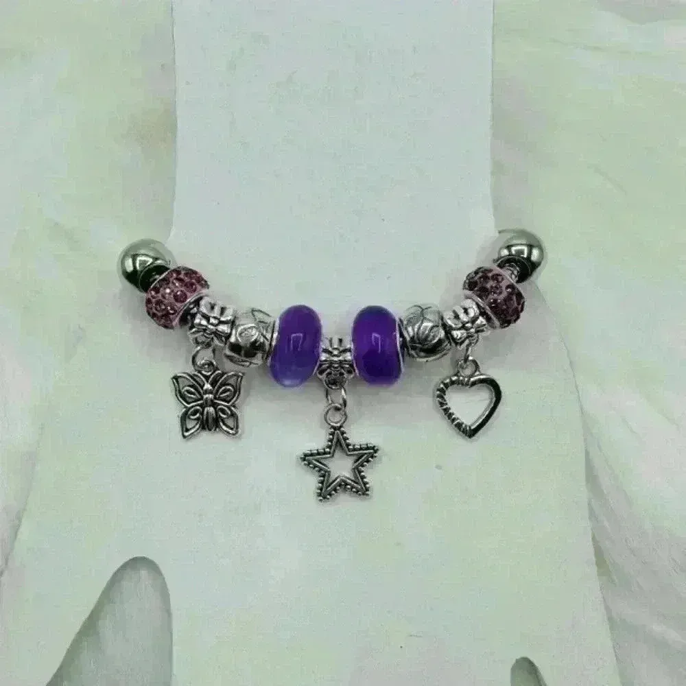 Cute Bracelet With Butterfly & Star Charms Purple - Image 4