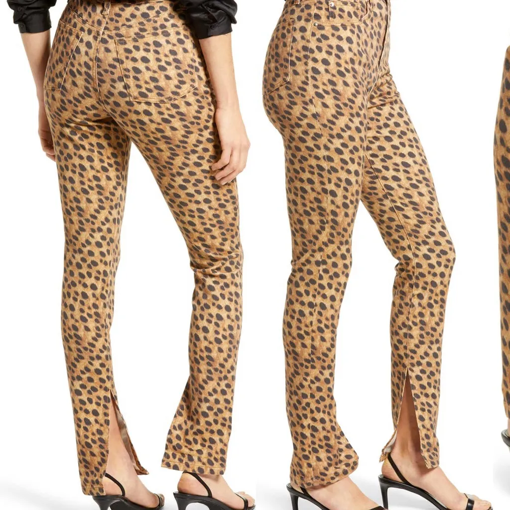 NWT We Wore What Cheetah Leopard Print Split Hem Jeans Tan Size 24 - Image 3