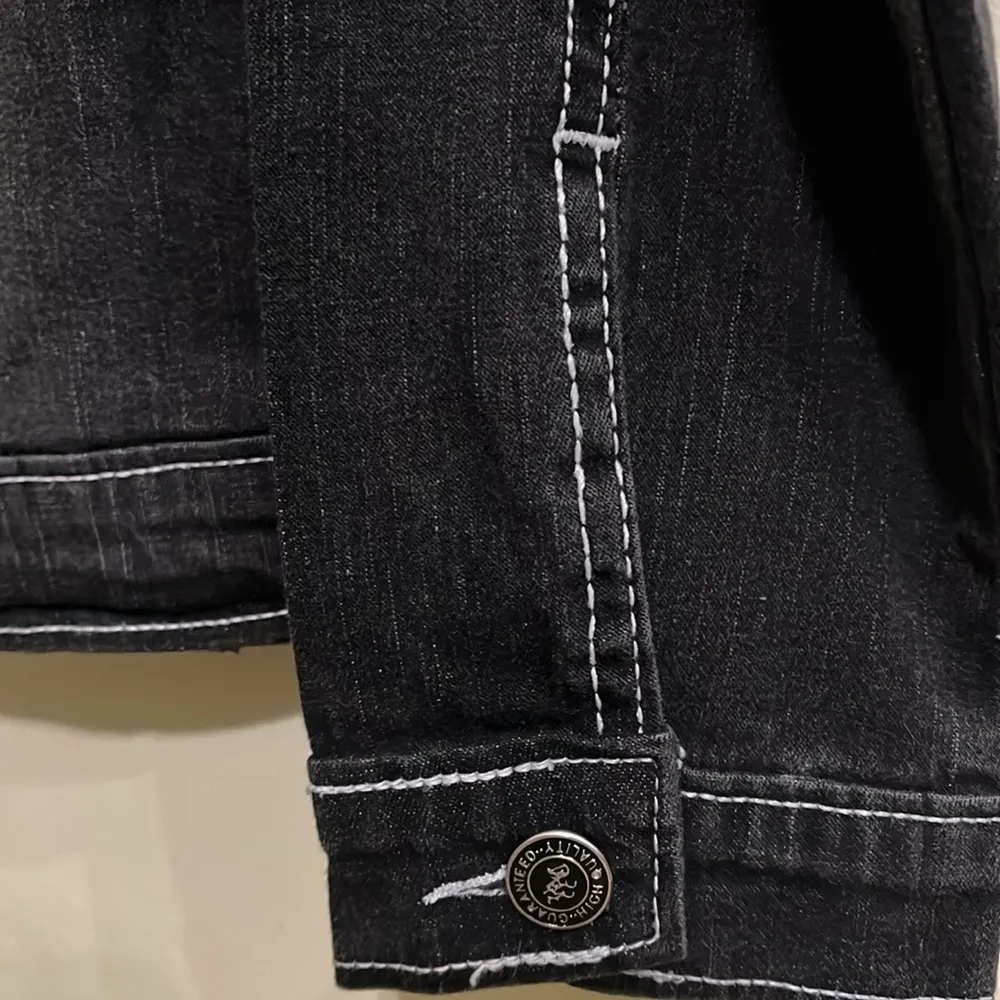 Juniors Jean Jacket Black Rinsed Distressed Stretch Crop Denim 7/8 - Image 4