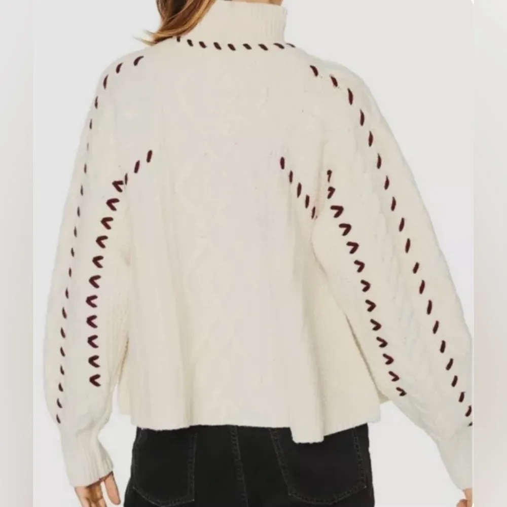 BA&SH Eba Turtleneck Cable Knit Wool Blend Pullover White Cream Red Size M - Image 4