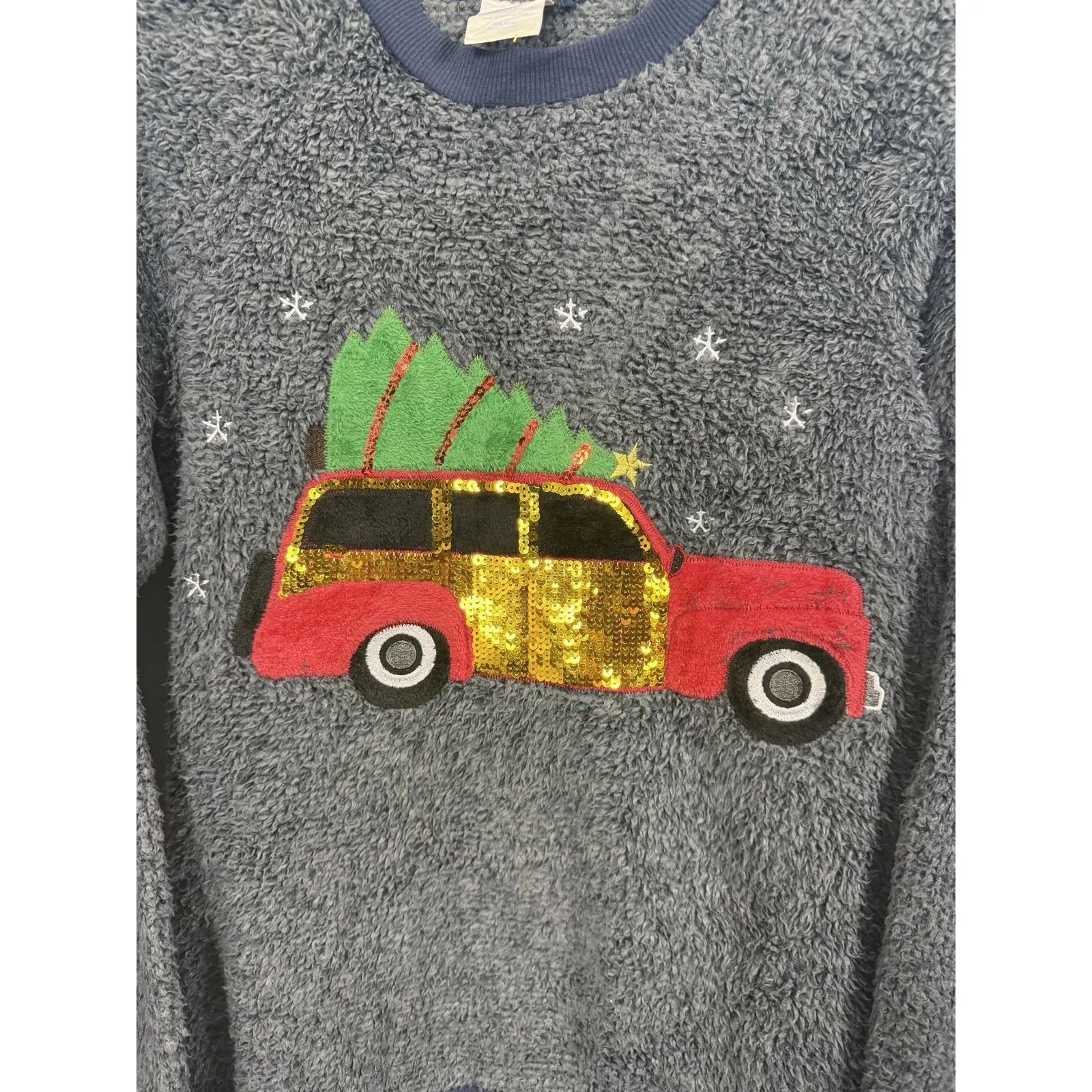 Secret Treasures Sweater Womens Medium Gray Blue Fuzzy Sequin Ugly Christmas - Image 2