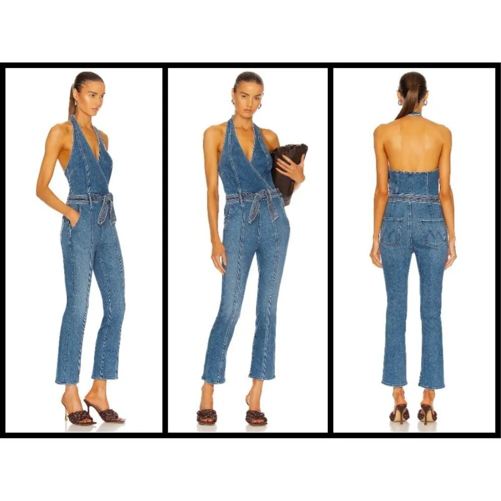 💕MOTHER DENIM💕 Halter Hustler Jumpsuit Ankle A Groovy Kind of Love 34 70s Blue - Image 8