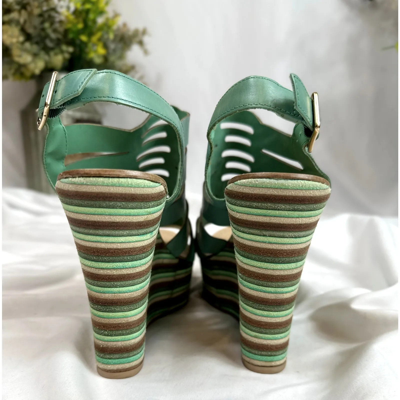 Anna Luz Leather Open Toe Wedge Sandals Handmade Brazil 10 Green - Image 10