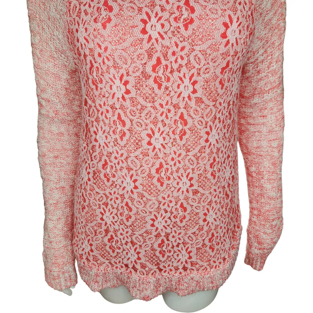 Cloud Chaser Size Large Pink White Open Knit Floral Lace Long Sleeve Sweater - Image 4