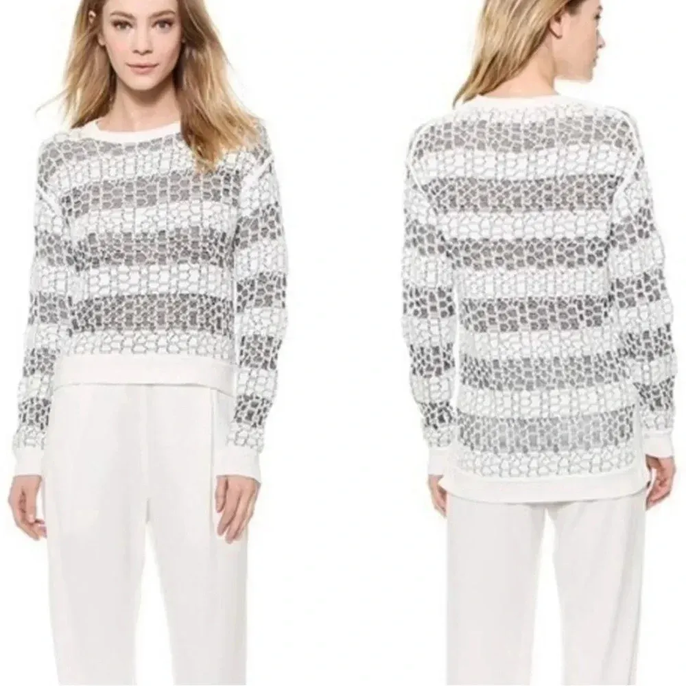 DEREK LAM 10 CROSBY Sweater Long Sleeve Gray White Striped Honeycomb Size S - Image 11