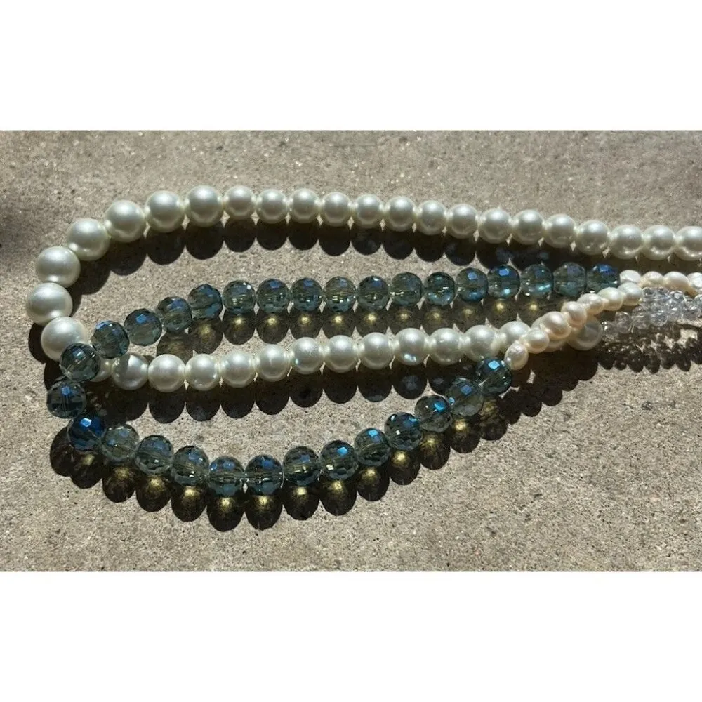 Vintage Layered Pearl Multi Layered White Blue Bead Round Glass Necklace Sz 22” - Image 10