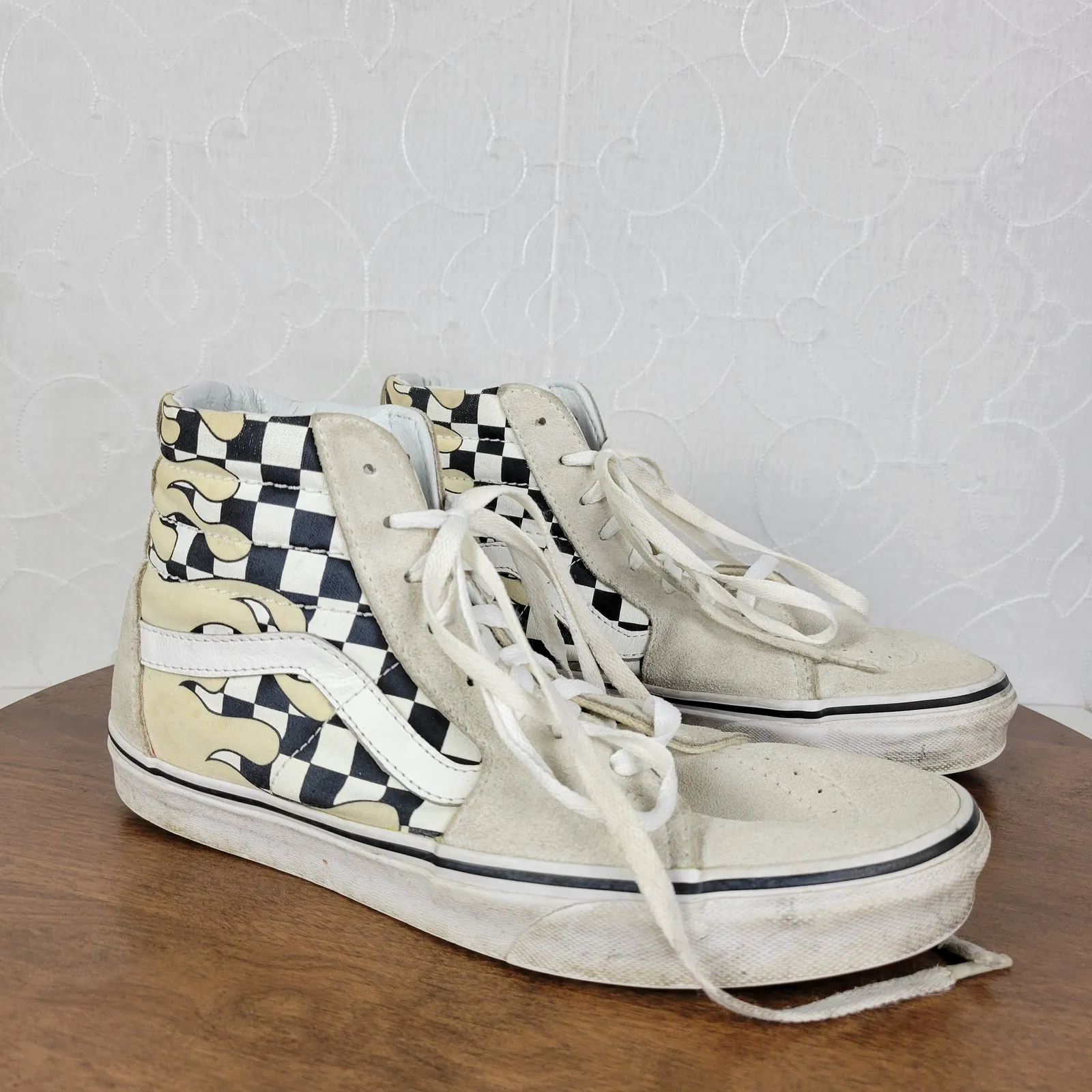 Vans Unisex Sk8 Hi Mens Skate Shoes 8 Cream Suede Checker‎ Flame Classic Sneaker - Image 3