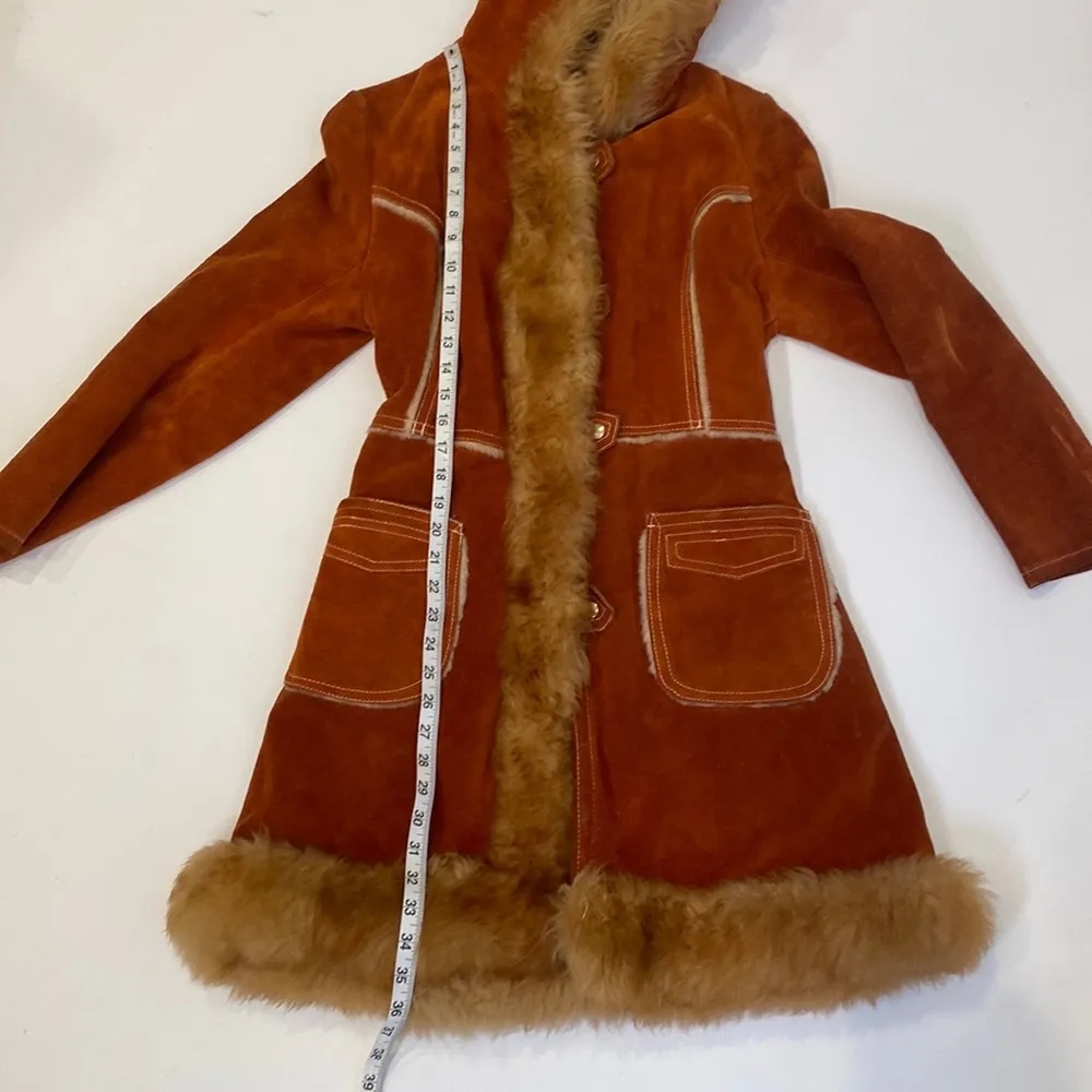 Vintage Rust Colored Suede Coat w/ Faux Fur Trim Snap Closure Sz XS Lined Hooded - Image 16