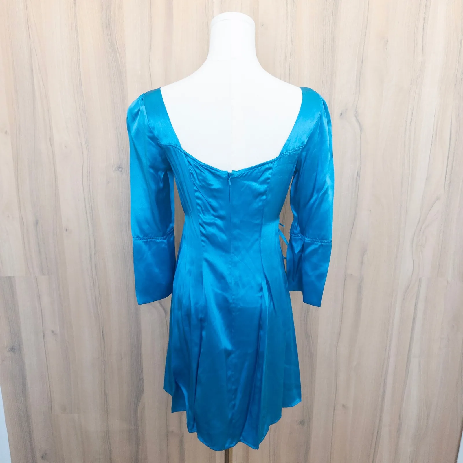 Bebe Women Silk Dress Size S Blue Satin Long Sleeve Tie Waist Romantic Y2K Party - Image 6