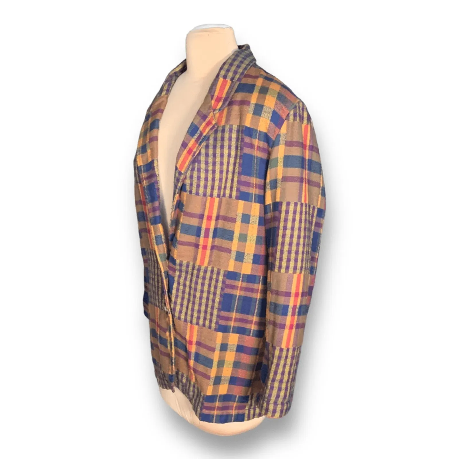 Vintage 90s Blazer Jacket Oversized Boxy Colorful Plaid Flannel Patchwork Preppy Yellow Size L - Image 3