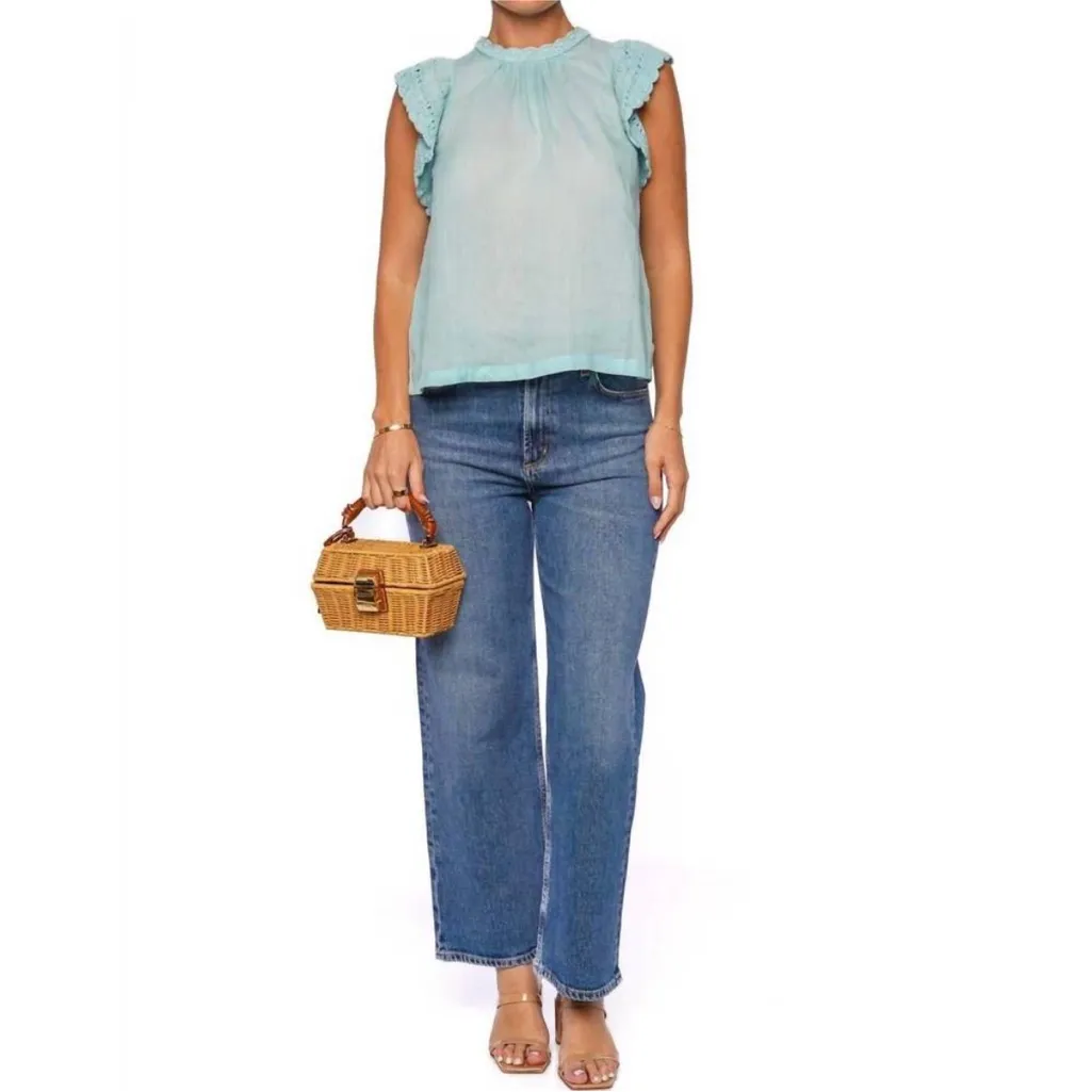 ULLA JOHNSON Kai Top Bryl Sky Blue Aqua Shirt Size 2 Cotton Crochet Flutter Slee - Image 3