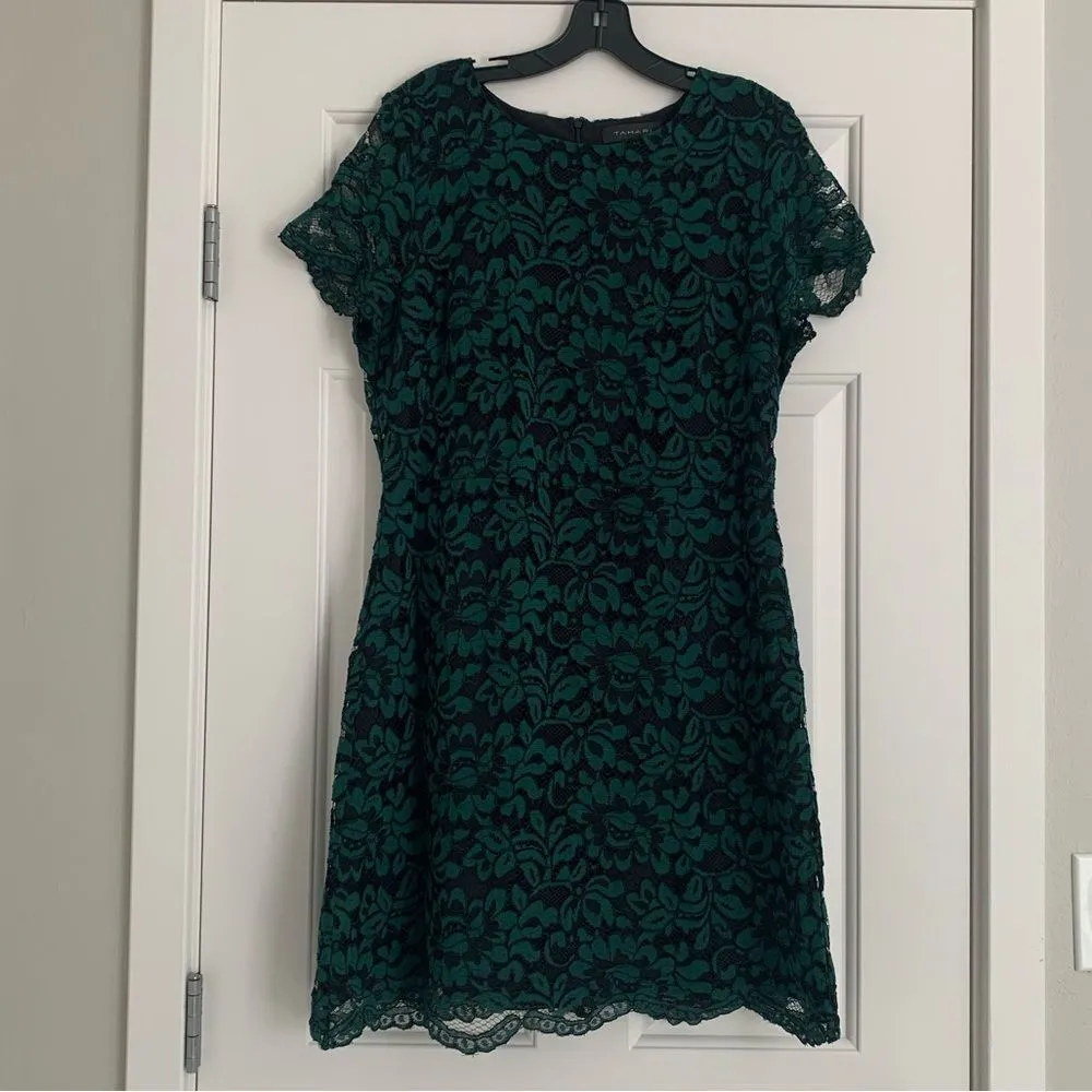 Tahari Lace Illusion Short Sleeve Cocktail Dress - Size 12 -‎ Green/Black - EUC - Image 8