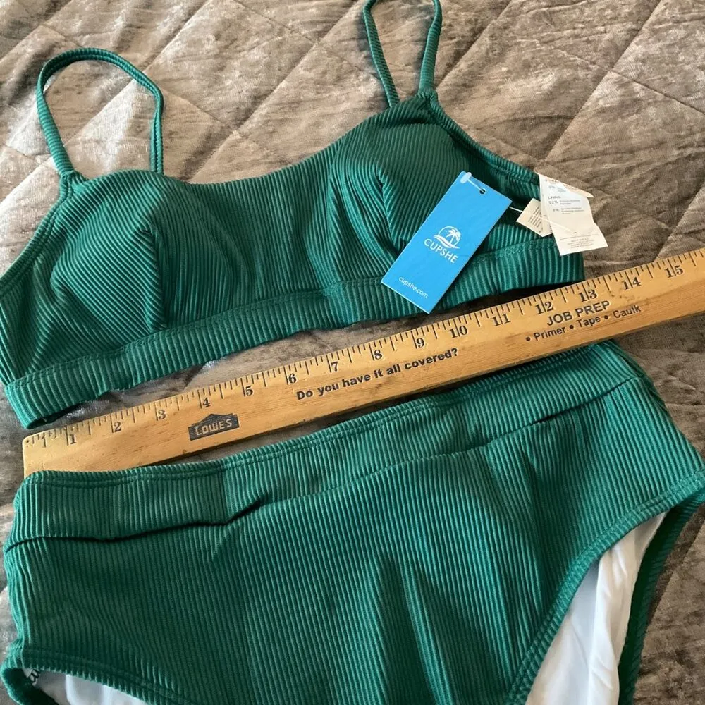 Cupshe Womens High-Waisted Bikini Set Ribbed Two-Piece Swimsuit With Scoop Neck - Image 8