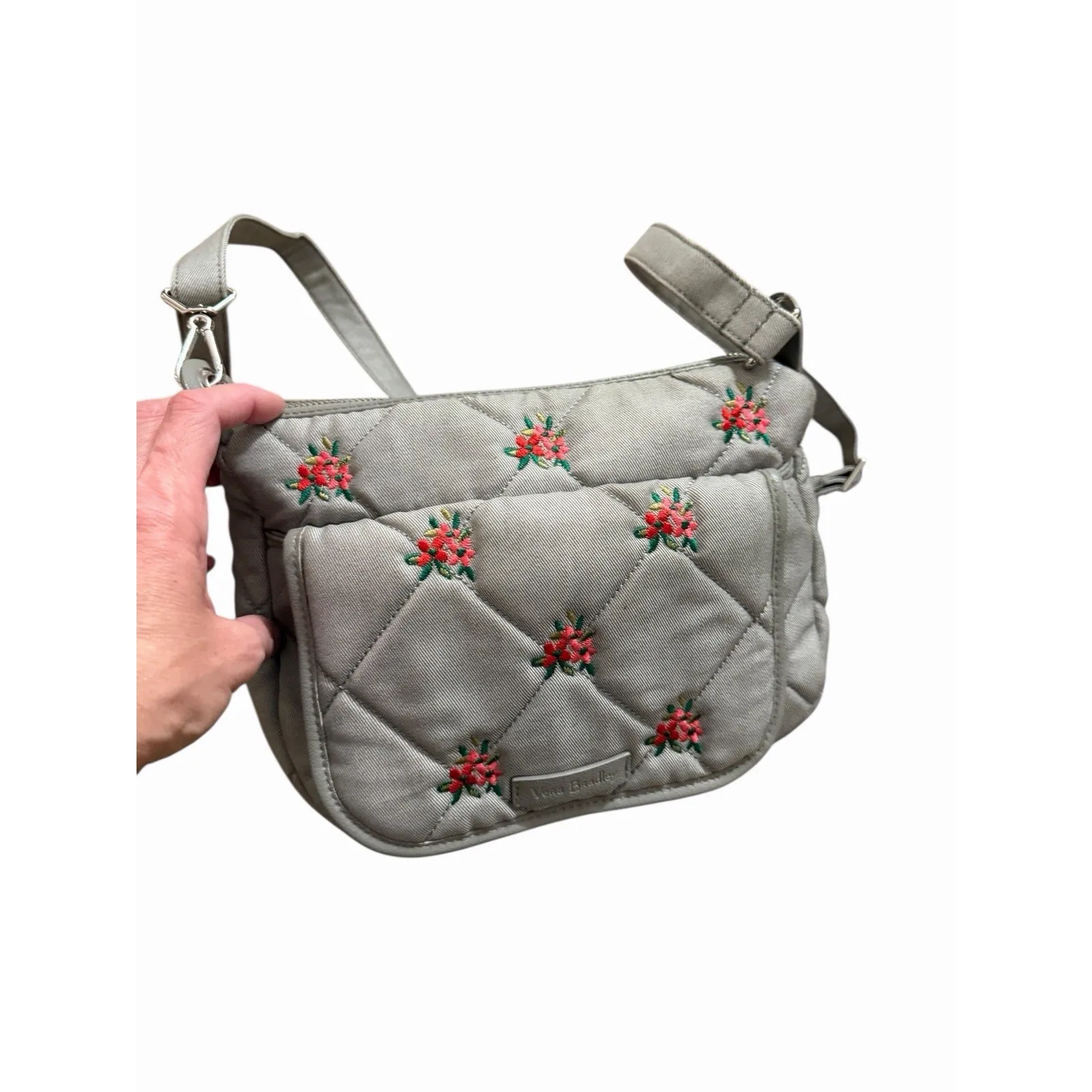 Vera Bradley Grey Crossbody Quilted Purse W Flowers And Magnetic Pocket NW T - Image 2