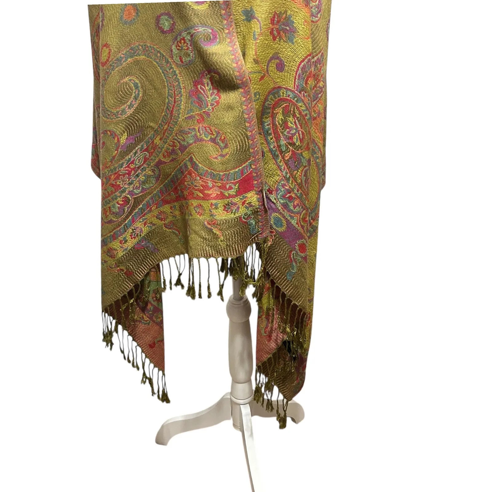 Women Paisley Shawl Wrap OneSize Abstract Olive Fringed Boho Artsy Cottage Indie Green - Image 3