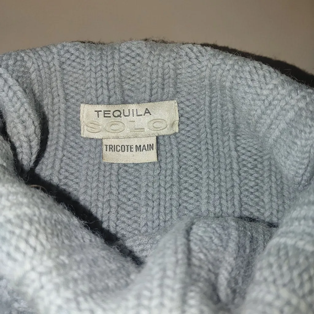 Hand Knit Sweater Pullover Tequila Solo Gray Merino Wool Ribbed Knit Mock Neck Blue Size M - Image 6
